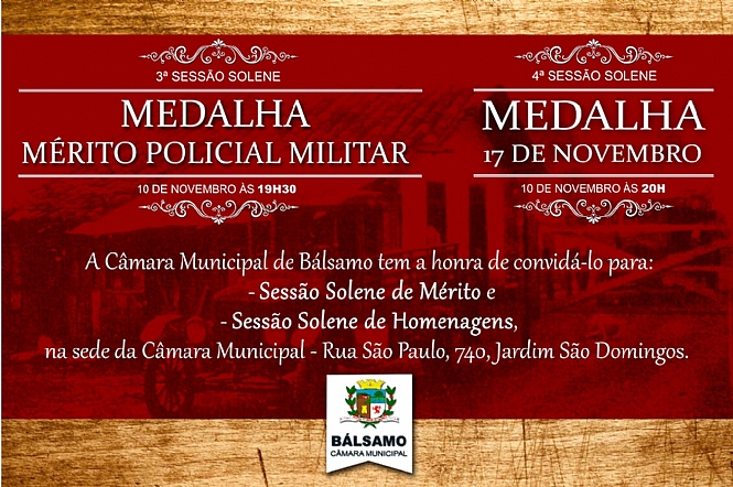 Sessões Solenes para entrega de medalhas honoríficas ocorrerá no dia 10 de novembro.